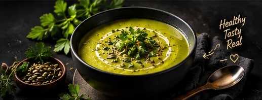 Green pea soup with parsley and pumpkin seeds